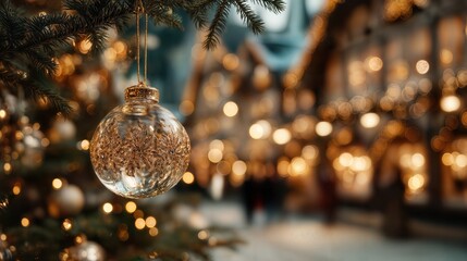 Holiday scene with festive decorations, including a shimmering gold ornament, illuminated by soft bokeh lights. The focus is on the festive ornament, creating a cozy and warm atmosphere