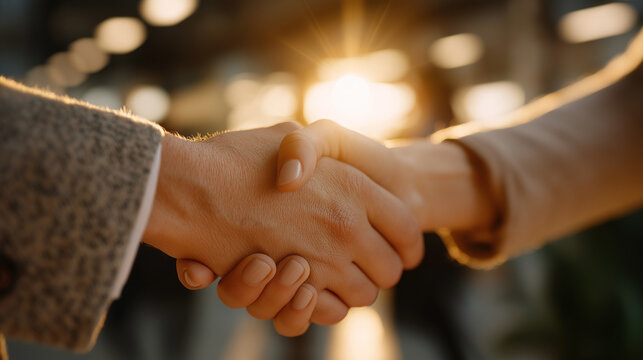 Business Deal Partnership: A close-up shot of two individuals engaged in a firm handshake, symbolizing a successful business agreement and partnership.