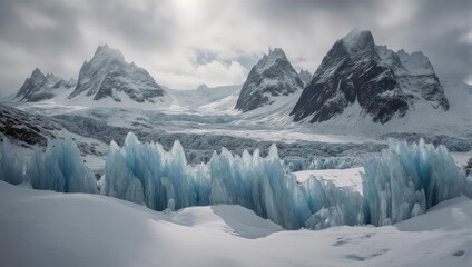 A glacial landscape showcases imposing snow-capped peaks, textured ice formations, and a cloudy sky