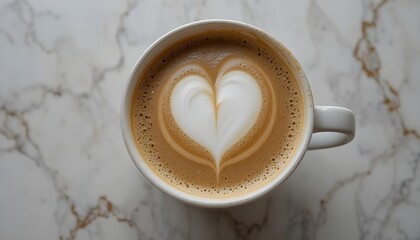 Cup of cappuccino with foam heart on a neutral-toned table