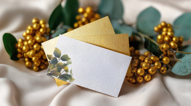 Elegant gold cards and leaves arranged on a white cloth, a perfect invitation or announcement