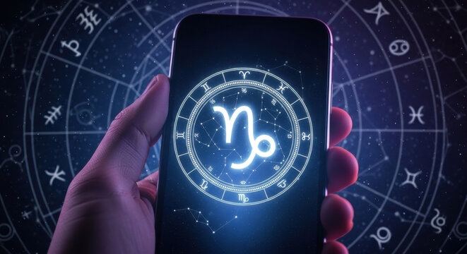 Capricorn Zodiac Sign Astrological Prediction Horoscope Icon on Mobile Phone Screen in Hand Spiritual Guidance Symbol on Constellation