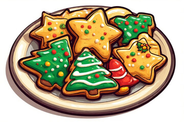 A plate of festive Christmas cookies shaped like stars and trees, decorated with colorful icing.