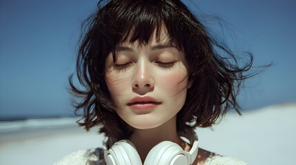 Tranquil young woman with closed eyes enjoys the peaceful serenity of a sunny day at the beach outdoors.