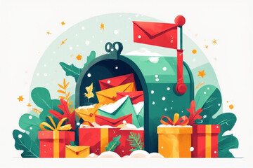 A mailbox overflowing with letters and surrounded by gifts in a snowy, festive scene.