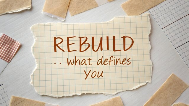 Torn paper joined with tape displaying the word Rebuild