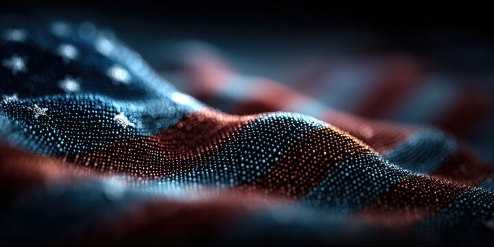 Vibrant abstract representation of flag, showcasing red, white, and blue colors textured wave pattern. image evokes sense of patriotism and pride, with blurred background enhancing visual impact