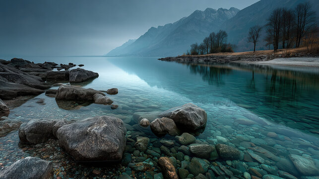 Serene landscape featuring calm lake surrounded by mountains, with clear water revealing smooth stones beneath surface. atmosphere is tranquil, evoking sense of peace and reflection