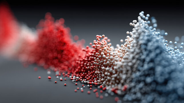Abstract representation of colors in red, white, and blue, resembling wave of particles. image conveys sense of movement and energy, creating visually striking composition