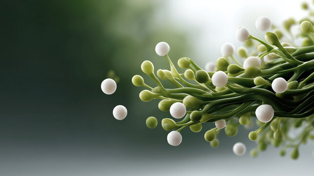 Organic shapes and textures create visually striking composition, featuring green tendrils and white spheres that evoke sense of growth and vitality. blurred background enhances focus intricate