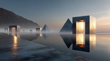Surreal geometric shapes floating above reflective water near mountains