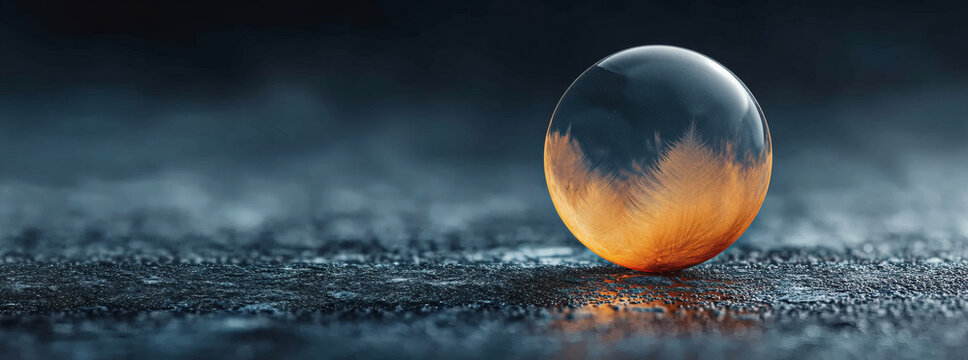 Enigmatic Sphere with Golden Feathers on Textured Ground