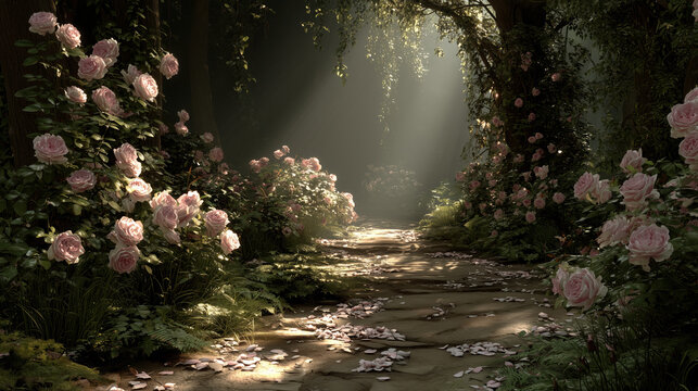 Serene trail in magical enchanted garden, adorned with light pink roses and surrounded by lush greenery. Sunlight filters through trees, creating tranquil atmosphere filled with beauty and peace