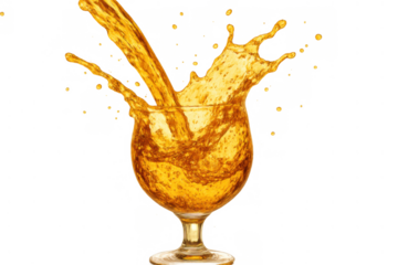 Pouring orange liquid into a glass creating a dynamic splash, refreshing beverage with motion and drops, transparent background