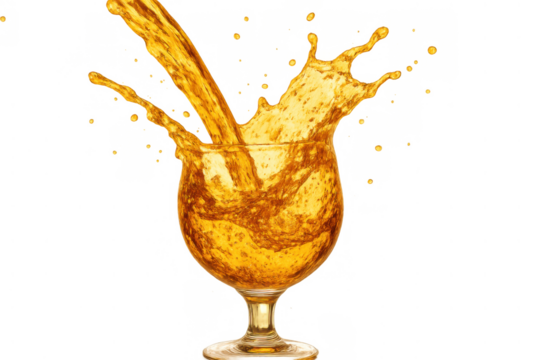 Pouring orange liquid into a glass creating a dynamic splash, refreshing beverage with motion and drops, transparent background - Powered by Adobe