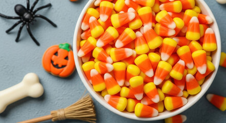 Candy Corn Halloween Treat Holiday Sweets Bowl Full of Candies Top View Autumn Colors Festive Theme Delicious Sugar Confectionery Orange Yellow White