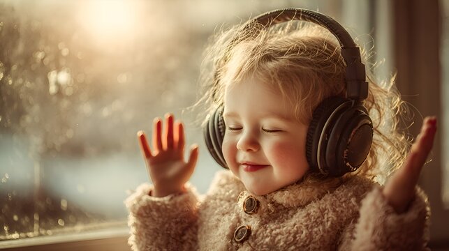 A happy young child listens to music with wireless headphones and dances by a bright sunlit window inside.