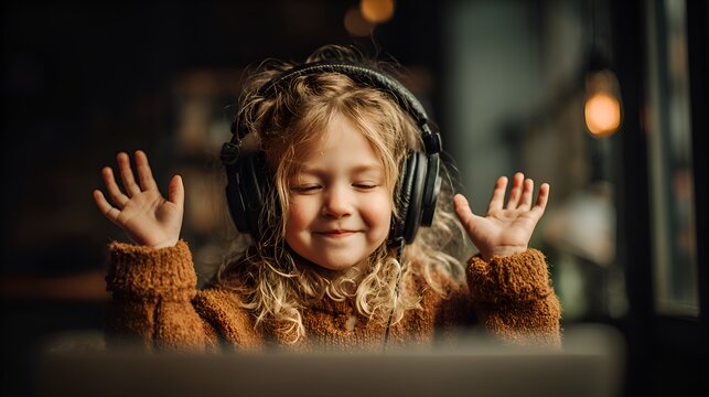 A young girl with curly hair listens to music with headphones enjoying the sound with her eyes closed.