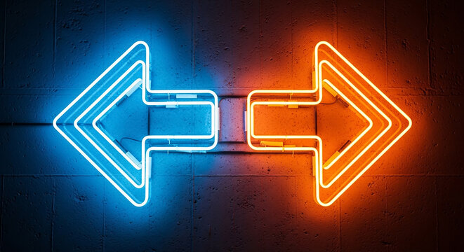Neon opposite arrows showing direction choice concept