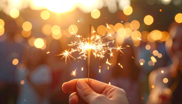Sparkler's Golden Glow: Close-up of a hand holding a sparkler, capturing its radiant, sparkling light against a backdrop of blurred figures. Evokes festive cheer and warm emotions.