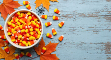 Candy Corn Bowl Autumnal Decoration Fall Leaves Tabletop Confection Dessert Sweet Treat Gathering Abundance Kernels Arrangement Delicious