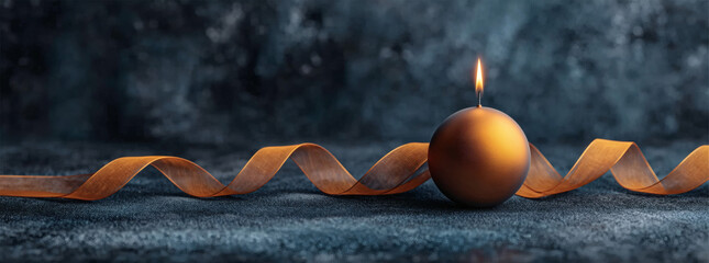 Elegant Golden Orb Candle with Ribbon on Dark Background
