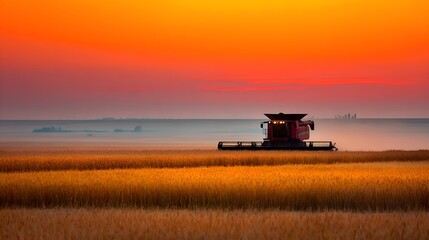Fototapeta premium A combine harvester is working in a golden wheat field against a vibrant sunset sky du harvest season.