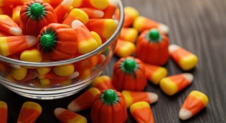 Close Up of Candy Corn and Pumpkin Candies in Glass Bowl Holiday Treat Arrangement Orange Yellow Color Sweetness