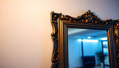 Ornamental frame with mirror inside hanging on wall, Backlit. White tone