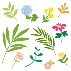 illustration of leaves and flowers in green, blue, yellow, pink and peach