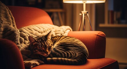 tabby cat sleeping peacefully on a red armchair draped with a cozy blanket under the soft glow of a lamp creating a warm and inviting atmosphere.