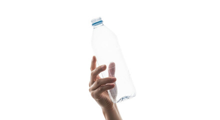 Clear Plastic Bottle held by Hand Isolated on White Fresh Water Container Hydration Thirst Quench Eco Lifestyle Recycling Concept Resource
