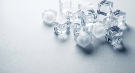 Clear Ice Cubes on White Surface Refreshment Concept Chilled Cooling Beverage Ingredient Abstract Frozen Water Texture Modern Minimalist Still