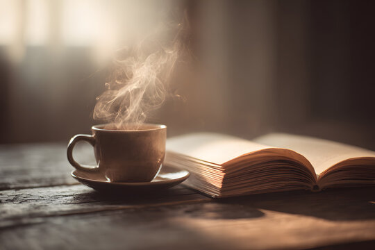 Warm cup of coffee beside an open book on a wooden table in soft light