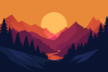 Vibrant sunset over mountain valley with pine trees and river