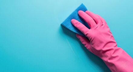 Cleaning Surface: Hygienic Glove Wiping Down Blue Surface with Blue Sponge, Maintaining Sanitation and Spotless Cleanliness for Hygiene in Blue Tone