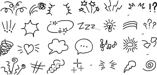 Manga expression. Emotion and motion comic hand drawn elements. Speech bubbles, stars and swirls, lightning and music sound minimal icons for comics and media. Vector Design 