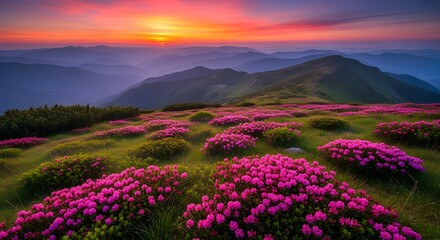 Sunrise Over Misty Mountain Landscape with Pink Rhododendron Flowers and Vibrant Sky