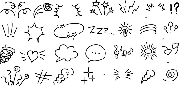 Manga expression. Emotion and motion comic hand drawn elements. Speech bubbles, stars and swirls, lightning and music sound minimal icons for comics and media. Vector Design 