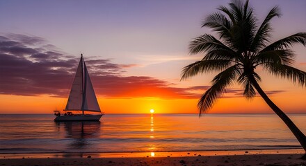 Sunset Sailboat on Tranquil  Ocean with Palm Silhouette and Golden Reflections