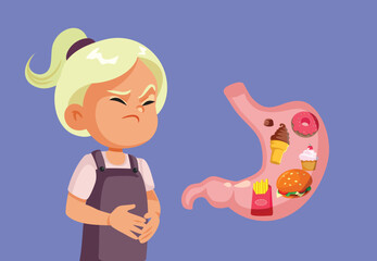 Child Suffering After Eating Junk Food Vector Illustration. Little girl has too much fast food and dessert and feels bad afterwards 
