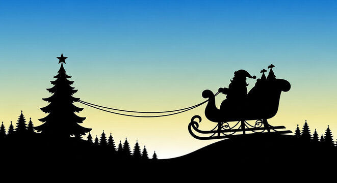Santa claus riding sleigh over snowy hill during sunset
