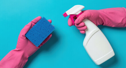 Cleaning Supplies Equipment Spray Bottle Sponge Gloves Hygiene Sanitary Disinfectant Housekeeping Home Care Protection Rubber Pink Blue