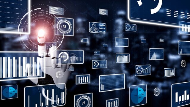 A futuristic hand touches a digital screen filled with vibrant data visualizations and statistics, representing innovation in technology and automation. Xenic