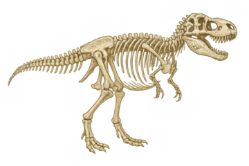 Tyrannosaurus rex skeleton illustration with open mouth standing, showing prehistoric dinosaur bones and fossil structure