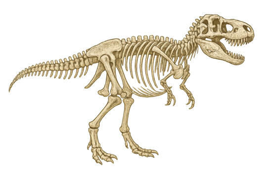 Tyrannosaurus rex skeleton illustration with open mouth standing, showing prehistoric dinosaur bones and fossil structure