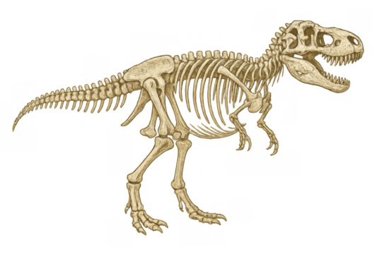 Tyrannosaurus rex skeleton illustration with open mouth standing, showing prehistoric dinosaur bones and fossil structure
