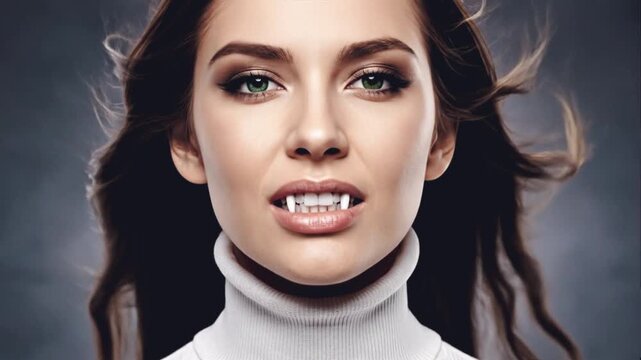 Brown-Haired Vampire Woman in White Turtleneck with Wind in Hair Revealing Fangs Close-Up