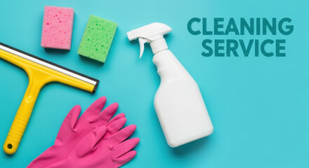 Cleaning Service Essential Tools for Home Spring Cleaning Hygiene Tools for Housework Cleanliness Products Concept Top View Flat Lay on Blue Backdrop