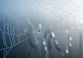 Intricate spider web covered with delicate dew drops glistening in the morning light.